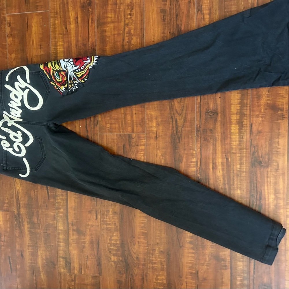 Ed Hardy Black Straight Leg Jeans with Embroidered Design